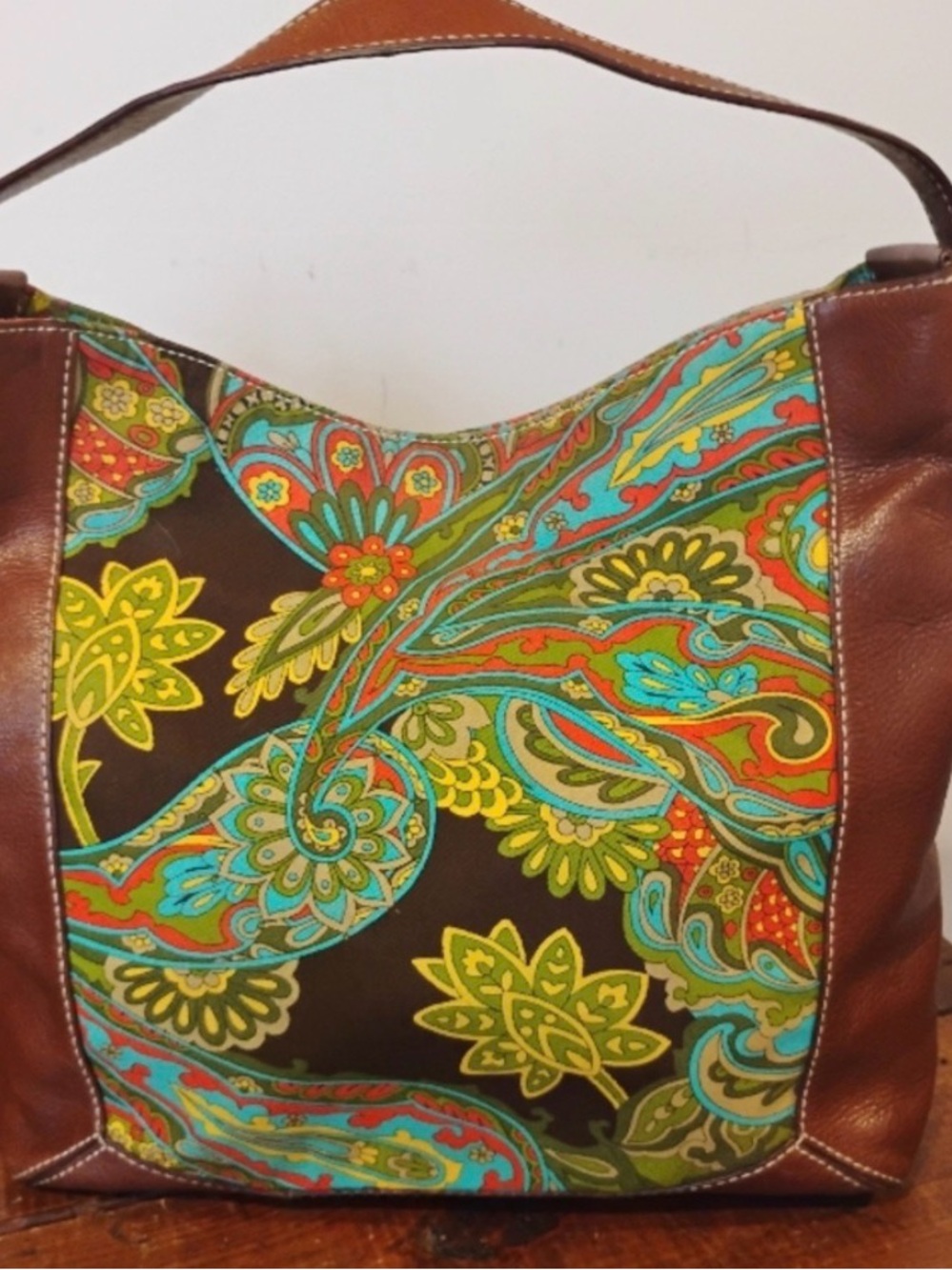 Kate Spade Paisley Canvas Tote with Brown Leather Trim - great condition - Picture 3 of 4